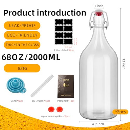 64oz Flip Top Glass Bottle 2 Liter Swing Brewing with Stopper for Beverages, Oil, Vinegar, Kombucha, Beer, Water, Soda, Kefir Airtight Lid & Leak Proof Cap Clear (clear 2 pcs)