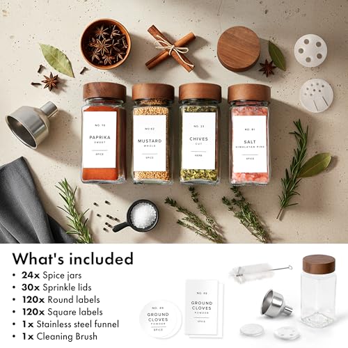 EDELHAUS Glass Spice Jars with Label, 24x Acacia Wooden Lids - White Labels | Airtight acacia lids keep spices fresh; use as a spice organizer, seasoning containers or 4 oz jar set; funnel & 240 labels - color: Acacia Lid + White Labels