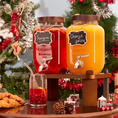 2PCS Large Drink Dispensers for Parties,Glass Beverage Dispenser with Wood Stand,Lemonade Drink Dispenser with Stainless Steel Spigot for Fridge,Water, Juice,Punch,Cocktails,Ice Tea & Sun Tea