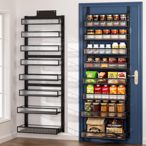 Over the Door Pantry Organizer 8 Tiers Hanging Door or Wall Mounted Spice Rack with Adjustable Acrylic Basket,Heavy Duty Metal Seasoning Storage Shelf for Kitchen Pantry and Bathroom - color: Black-Acrylic, size: 8 Tiers