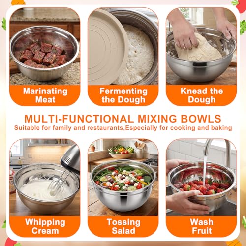 18 Pack Stainless Steel Mixing Bowls with Lids Set Includes Stainless Steel Measuring Cups and Spoons Wire Balloon Whisk Silicone Spatulas Suitable for Kitchen Cooking Baking(Khaki) - color: Khaki