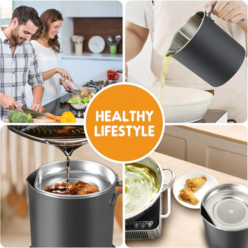 Chihee Grease Container Stainless Steel 2L / 67.6 fl oz Fine Mesh Strainer | Easy to Clean Large Spout Bacon Grease Saver Cooking Oil Keeper Stoarge Can with Dust-proof Lid Non-slip Tray Kitchen Frying - color: Gray(2L)