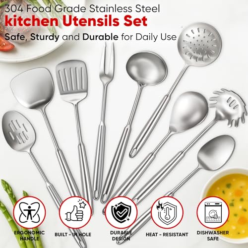 Newness 9 Pcs Cooking Utensils Set, 304 Stainless Steel Kitchen Utensils Set, Metal Kitchen Accessories, Include Soup Ladle, Slotted Skimmer Spoon, Spaghetti Spoon and Spatula, Dishwasher Safe - size: 9 PCS Cooking Utensils Set