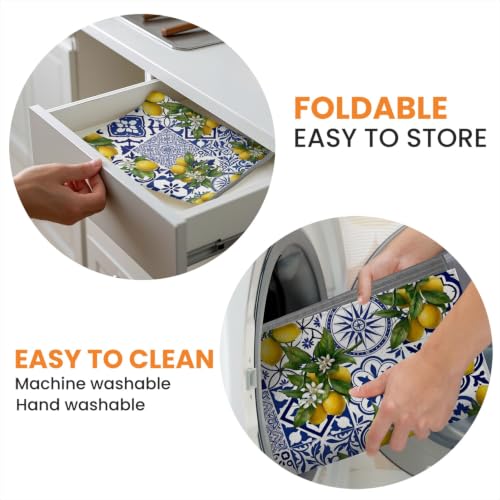 Absorbent Kitchen Dish Drying Mat Quick Dry Heat Resistant Hide Stain for Glasses Coffee Espresso Machines Pots Pans and Dish Racks,18" x 24" Blue White Lemon Tile Bohemia Pattern - color: Blue White Lemon Tile Bohemia