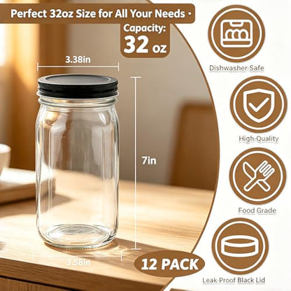 QAPPDA 32 OZ Glass Jars with Lids Set of 12,Clear Wide Mouth 1000ML Glass Mason Jar with Airtight Lid,Durable Glass Food Storage Canning Jars for Pickles,Jams,Preserving - size: 32oz - Black Lid