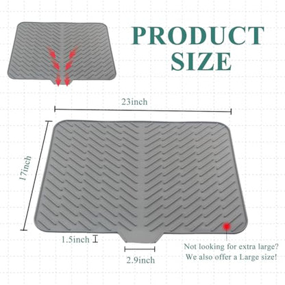 Silicone Dish Drying Mat for Kitchen Counter,23"X17" With Built-in Drain Lip,Food-Grade Silicone,Heat-Resistant Eco-friendly Hygienic Drying Mat Leak-Proof and Non-Slip,Multi-Functional Use（Gray） - color: Gray, size: 23" x 17"