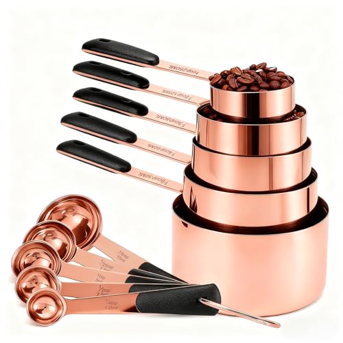 Bopei Measuring Cups and Spoons Set, Rose Gold Plated Stainless Steel 10 Piece for Cooking and Baking (5 Cups + 5 Spoons RoseGold) - color: Rose Gold