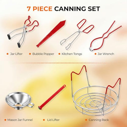 Pisol Canning Supplies Starter Kit, 7 Piece Canning Tools Set with Stainless Steel Rack, Wide Mouth Funnel, Kitchen Tongs, Jar Lifter, Magnetic Lid Lifter, jar Wrench, Bubble Popper - color: Red