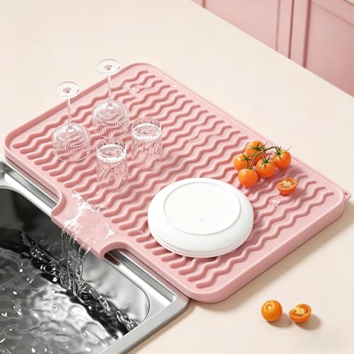 Rnivvi Silicone Dish Drying Mat for Kitchen Counter, 16 x 12" Drainer Pad with Drainage Spout, Easy Clean Dish Rack Mat for Dishes, Non-Slip Countertop Protector Heat Resistant Trivet, Utensils, Pink - color: Pink