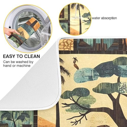 African Tree Figure Dish Drying Mat for Kitchen Counter Super Absorbent Draining Mat with Non-slip Backed Dish Rack Pad for Countertops Sinks Draining Racks Dish Bottles Cups Bowl
