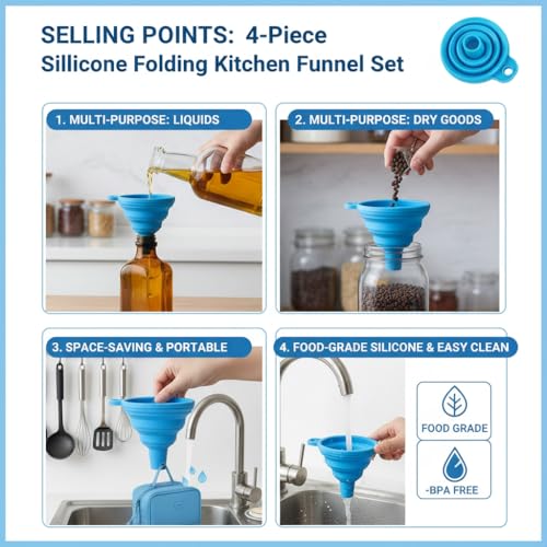 4 Pack Silicone Collapsible Kitchen Funnel for Water Beer Oil Filling Bottles ，Foldable Silicone Funnel Set – Collapsible Small & Large Funnels, Water Bottles & Liquid Transfer – Food Grade（Blue） - color: blue