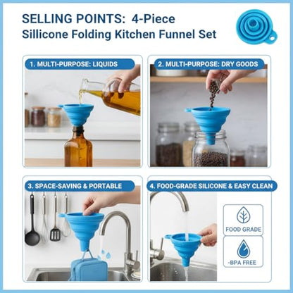 4 Pack Silicone Collapsible Kitchen Funnel for Water Beer Oil Filling Bottles ，Foldable Silicone Funnel Set – Collapsible Small & Large Funnels, Water Bottles & Liquid Transfer – Food Grade（Blue） - color: blue
