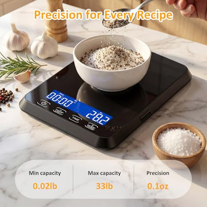 Letron Food Scale, 33 lb / 0.1 oz High Precision Kitchen Scale for Sourdough Bread, Built-in 7 Units, Timing & Tare Function, Rechargeable Digital Kitchen Scale for Food, Baking, Cooking - color: Black