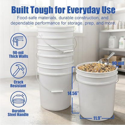 ePackageSupply 5 Gallon Bucket - Food Grade w/Lid BPA-Free, 3 Pack - White | Airtight Gasketed Tear Strip Lid, Heavy-Duty 90 Mil HDPE Plastic Pail, Bulk Storage, Food Safe Durable Container, Made in USA - size: 3 Packs