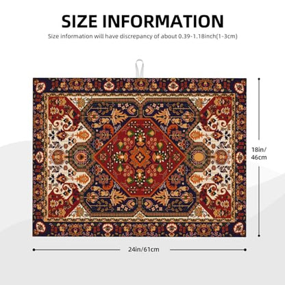Persian Carpet Design Dish Drying Mat Tribal Texture Boho Persian Rust Carpet Drying Rack Pad Countertop Dishes Ultra Absorbent Microfiber Kitchen Counter Mat 18x24 Inch - color: Brown Red