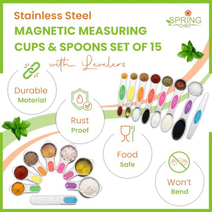 Spring Chef Stainless Steel Neon Magnetic Measuring Cups & Spoons Set of 15 | Patented, BPA Free, Strong Magnets, Heavy Duty - color: Neon, size: Set of 15