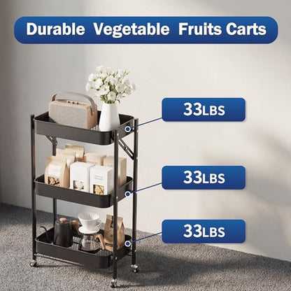 JAQ No Assembly Required Under Desk Rolling Cart, 3-Tier Foldable Metal Utility Cart, 26.8" Low Profile Storage Cart with Wheels, 10" Narrow Small Space Organizer, Black - color: Black