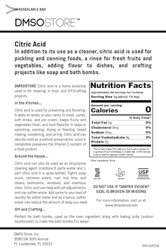DMSOSTORE Pure Citric Acid 5 lbs. USP Food Grade, Anhydrous, Fine Grain Powder, Kosher, Non-GMO | All-Natural Multi-Purpose