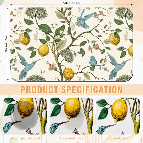 LemonRoad Dish Drying Mat for Kitchen Counter, 12"x20" Absorbent Coffee Bar Mat with Hummingbird Lemon Tree, Diatomite Drainer Drying Mats with Non-slip Backing for Kitchen Sink Countertop - style: Hummingbird Lemon Tree