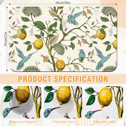 LemonRoad Dish Drying Mat for Kitchen Counter, 12"x20" Absorbent Coffee Bar Mat with Hummingbird Lemon Tree, Diatomite Drainer Drying Mats with Non-slip Backing for Kitchen Sink Countertop - style: Hummingbird Lemon Tree