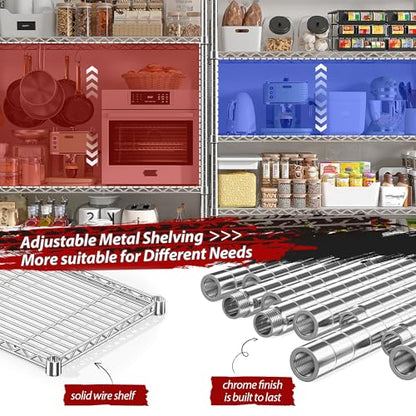 REIBII 69.8" W Storage Shelves 1510LBS Wire Shelving Unit 5 Tier Metal Shelving for Storage Rack Shelves Adjustable Heavy Duty Garage Shelf Pantry Shelves Kitchen Shelving,69.8"Wx15.8"Dx72.4"H,Chrome - style: Chrome-15.8"Dx69.8"Wx72.4"H-5 Tier