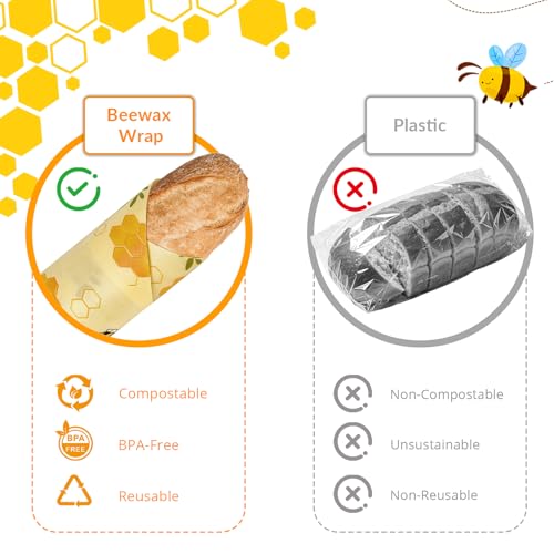 Reusable Beeswax Food Wrap Roll, 13x39 Inches Cut-to-Size Beeswax Paper for Bread, Sustainable Eco Friendly Cotton Food Storage Wraps for Cheese, Fruit, Veggies, Washable Plastic Free