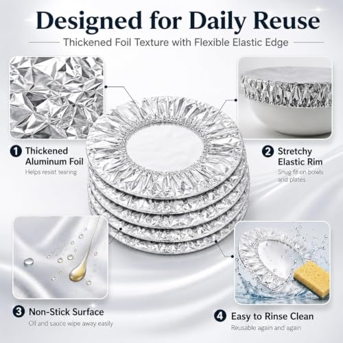 Reusable Aluminum Foil Food Covers, Reusable Elastic Food Storage Covers, Plastic Bowl Covers with Elastic Edging Stretch Plastic Wrap Bowl Covers (50PCS) - color: 50PCS