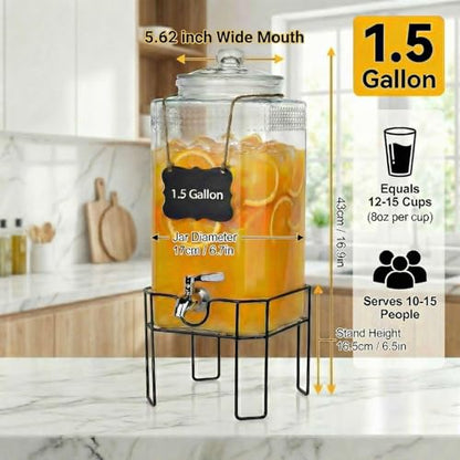 1.5 Gallon Glass Drink Dispenser, Drink Dispensers for Parties, Beverage Dispenser with Stand and Glass Lid, 100% Leakproof Spigot, Ideal for Lemonade, Juice, Iced Tea, Laundry Detergent - size: 1.5 Gallon