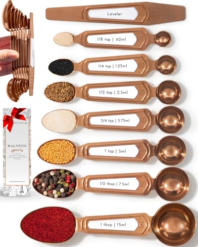 Copper Measuring Spoons Set with Leveler – 8-Piece Double-Sided Nesting Magnetic Measuring Spoons, Stackable & Spice Jar Friendly – Stylish Copper Kitchen Accessories and Decor for Baking and Cooking - color: White & Copper