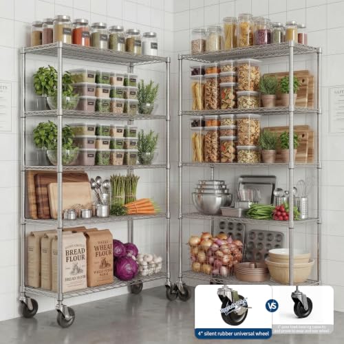Garvee 5-Tier Metal Shelving with Wheels, Adjustable Storage Shelves Heavy Duty 2000LBS, Chrome Plating Utility Rack NSF Wire Shelving, for Kitchen, Garage, Pantry, Commercial, 47.2" Wx17.7 Dx70.9 H - size: 17.7"Dx 47.2"W x 70.9"H - 5 Tier