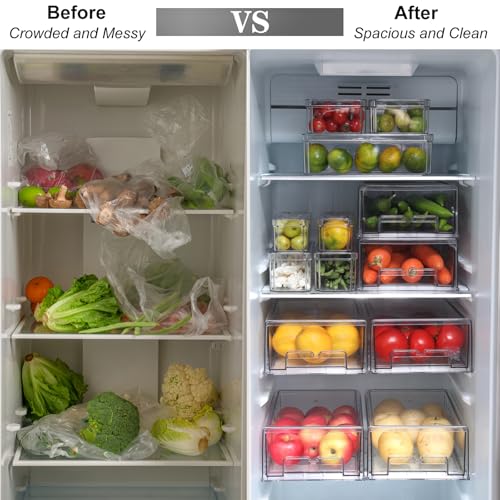 Taiuloo 2 Pack Stackable Refrigerator Organizer Bins with Pull-Out Drawer, Clear BPA-Free Food Storage Containers for Fridge Freezer, Kitchen Pantry Cabinet & Bathroom Vanity Organization