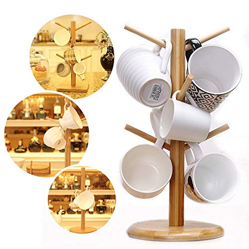 Mug Holder Tree, Coffee Cup Holder, Bamboo Mug Tree for Counter, Coffee Mug Rack Dryer with 6 Hooks