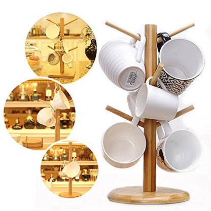 Mug Holder Tree, Coffee Cup Holder, Bamboo Mug Tree for Counter, Coffee Mug Rack Dryer with 6 Hooks
