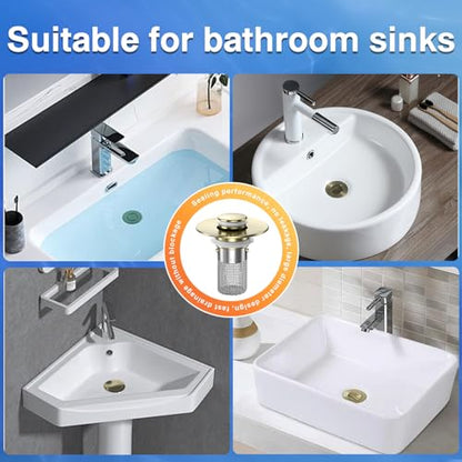 Bathroom Sink Drain Strainer,(4PCS) Pop-up Sink Drain Strainer with Removable Stainless Steel Strainer Basket Hair Catcher, Bathroom Sink Strainer for Bathroom Sink Stopper Replacement - color: 4, Brushed Gold
