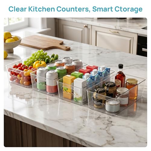 Vtopmart 4pcs Clear Organizers and Storage Bins, Plastic Storage Containers with Handles for Fridge, Freezer, Pantry, Cabinet, Kitchen Organization - size: Without Lid