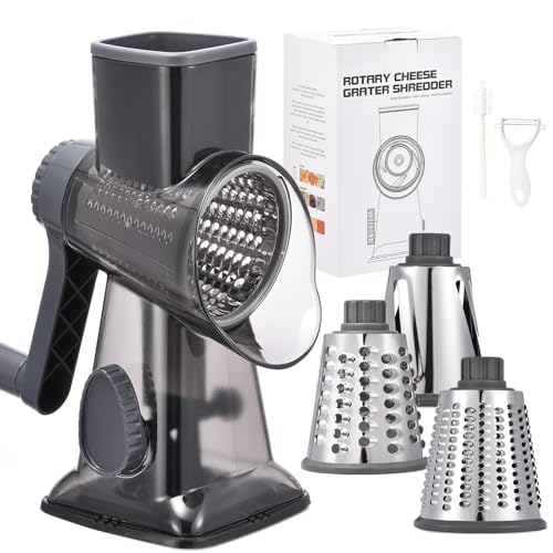 Rotary Cheese Grater with Handle Kitchen Shredder Slicer Grater Slicer Ice Shaver Cheese Vegetable Nuts Potato Zucchini Chocolate 3 Interchangeable Blades (Grey TSP) - color: Dark Grey TSP