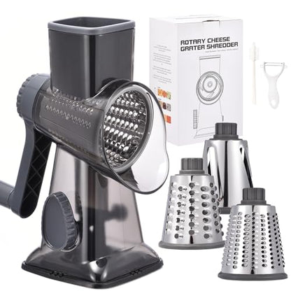 Rotary Cheese Grater with Handle Kitchen Shredder Slicer Grater Slicer Ice Shaver Cheese Vegetable Nuts Potato Zucchini Chocolate 3 Interchangeable Blades (Grey TSP) - color: Dark Grey TSP
