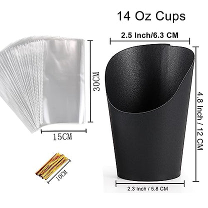 Disposable Charcuterie Cups 120 PCS with 200PCS Sticks and 120PCS Bags | 14 oz Kraft Paper Snack Boxes Appetizers Cup French Fry Holder with Cocktail Skewers Toothpicks Tooth Picks, Black - color: Black, size: 14 Oz 120 Pcs Set