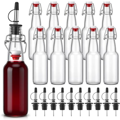 LemonRoad 10 Pack 11oz Small Glass Long Neck Liquor Bottles Swing Top Glass Bottles with Airtight Stopper Lids and Pourers Flip for Fermentation Bar Juice Pour Syrup Wine Snowcone Coffee