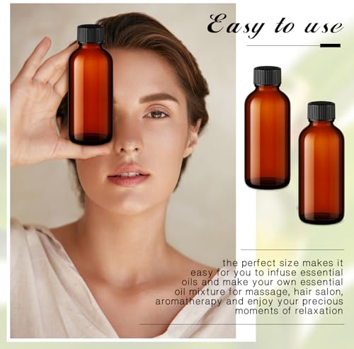 Hsei 100 Pcs Amber Glass Boston Round Bottles with Black Cap Brown Sample Bottle Small Glass Containers with Lids and Funnel Chalk Labels Pen for Vanilla Extract Essential Oils (3.4 oz) - size: 3.4 oz