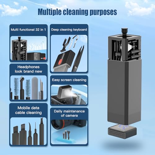 Keyboard Cleaning Kit Laptop Cleaner, 32-in-1 Computer Screen Cleaning Brush Tool, Multi-Function PC Electronic Cleaner Kit for iPad iPhone Pro, Earbuds, Camera Monitor(Black) - color: Black1