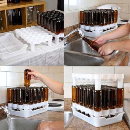 FastRack Complete Bottle Prep Kit | (2) Stackable Beer Bottle Drying Racks, (1) Drip Tray & (144) Black Crown Caps | Storage Tree Alternative for Homebrewing & Wine Making