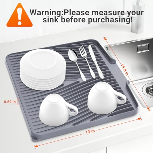 Silicone Dish Drying Mat for Kitchen counter, 15.8"x13" Extra Large Non-Slip Drain Pad with Built-in Drainage, Heat Resistant Dishwasher Safe, Grey - color: Gray, size: 15.8" x 13"