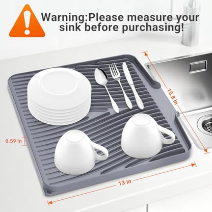 Silicone Dish Drying Mat for Kitchen counter, 15.8"x13" Extra Large Non-Slip Drain Pad with Built-in Drainage, Heat Resistant Dishwasher Safe, Grey - color: Gray, size: 15.8" x 13"