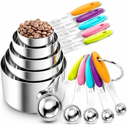 Measuring Cups and Spoons Set of 10 Piece, Stainless Steel Nesting Measuring Cups Set with Silicone Handles, Kitchen Utensils for Cooking and Baking