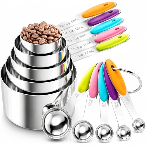 Measuring Cups and Spoons Set of 10 Piece, Stainless Steel Nesting Measuring Cups Set with Silicone Handles, Kitchen Utensils for Cooking and Baking