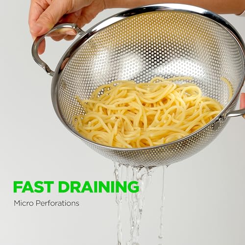 Premium 18/8 304 Stainless Steel Set of 3 – Micro-Perforated Strainers with Handles, Self-Draining Base for Pasta Vegetables Fruit, Heavy Duty (4, 6, 8 Qt) Made in Korea - size: 4+6+8QT Colander