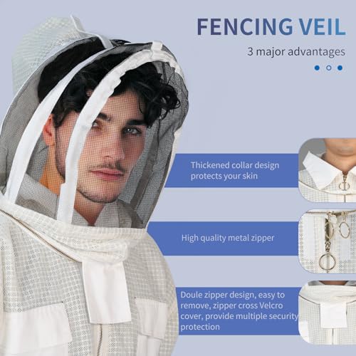 Bee Three Layer Beekeeping Ventilated Suit,Ultra Ventilated Breathable Cotton,Full Beekeeping Suit Equipped with Sheepskin Gloves,Comfortable with Maximum Protection,Beekeepers's Choice(L)