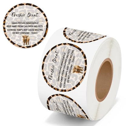 PANTIDE Freshiess Scent Care Instruction Stickers - 500 Count Car Freshie Warning Round Labels, Adhesive Roll Stickers with Line to Write Thermal Printed for Small Business (2 x 2 Inch, Leopard Cow) - color: Freshiess Leopard Cow