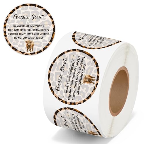PANTIDE Freshiess Scent Care Instruction Stickers - 500 Count Car Freshie Warning Round Labels, Adhesive Roll Stickers with Line to Write Thermal Printed for Small Business (2 x 2 Inch, Leopard Cow) - color: Freshiess Leopard Cow